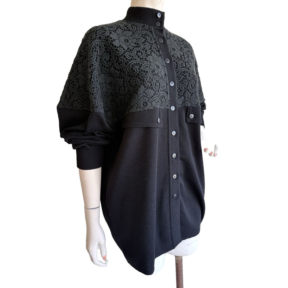 VTG De Pletrl Italy Black Cardigan Sweater Wool Blend Lace Trim IT 42 44 US S M